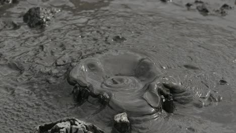 piscina de barro volcánico geotérmico caliente hirviendo, tiro de cerca lago de vapor burbujeante barro y vapor satisfactorio