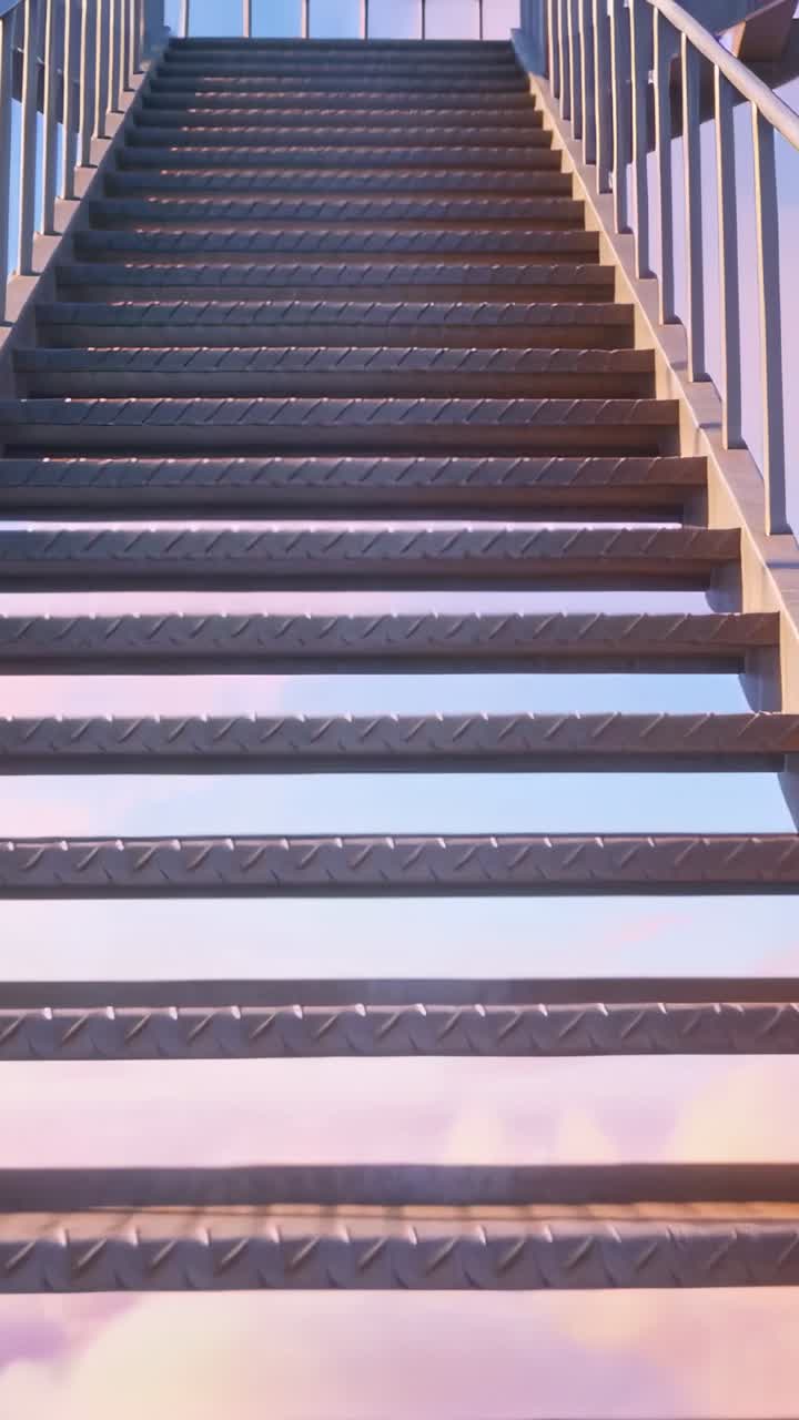 Video verticale: Telecamera in movimento portata verso l'alto all'esterno di scale metalliche, con alzate aperte che rivelano il cielo.