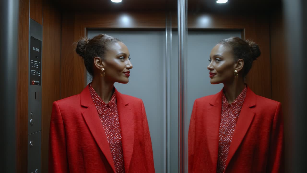 A Stylish Encounter: A Confident Woman in a Red Blazer Stands in an Elevator, Capturing a Moment of Reflection with Her Mirror Image