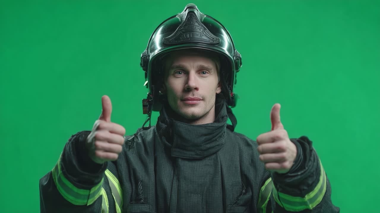 A Confident Firefighter Offers a Positive Thumbs-Up Gesture, Showcasing Enthusiasm and Readiness to Serve in Front of a Vibrant Green Background
