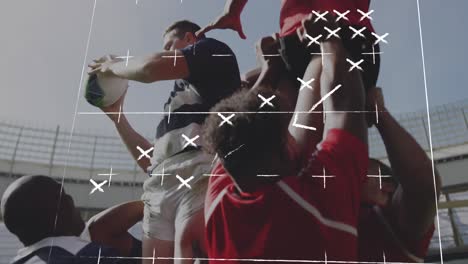 animación de la estrategia de juego sobre diversos jugadores de rugby masculinos en el estadio