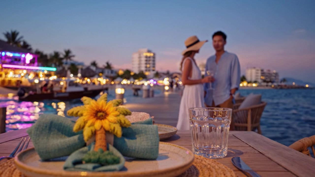 Noite Romântica à Beira da Água com Bela Decoração: Mesa Posta com Centro de Mesa de Girassol Contra um Cenário Vibrante de Luzes e um Casal Contemplando Juntos