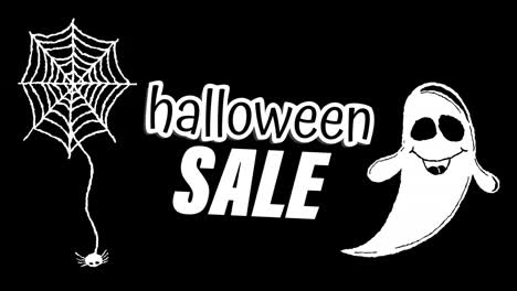 animación de texto de venta de halloween sobre tela de araña y fantasma en fondo oscuro