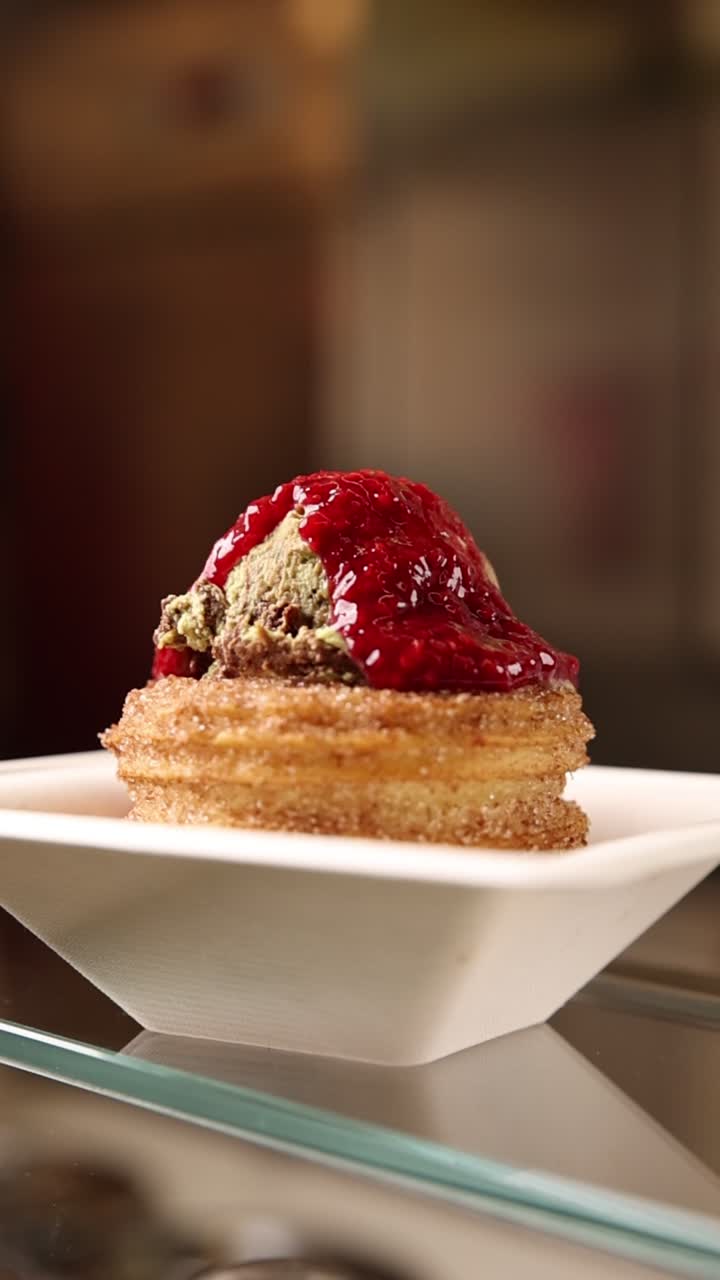 Churro with Ice Cream and Raspberry Sauce