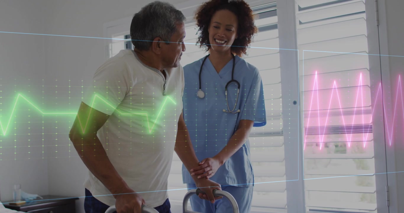 Animation of heart rate monitor on african american female healthworker helping male patient to walk