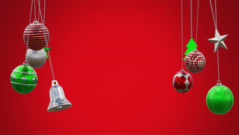 animation of hanging baubles, tress, bell swinging against red background