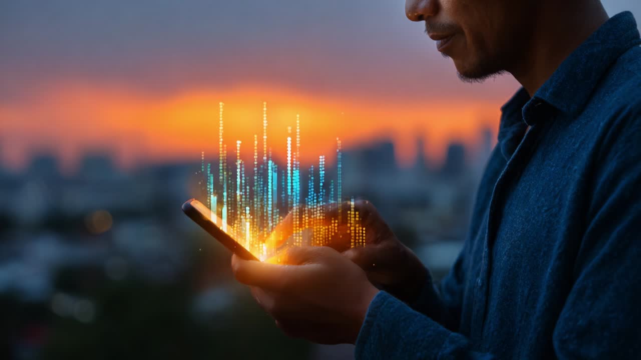 A person engaged in digital interaction, using a smartphone to explore vibrant data visualizations and global connectivity amidst a stunning sunset backdrop, illustrating the intersection of technology and communication