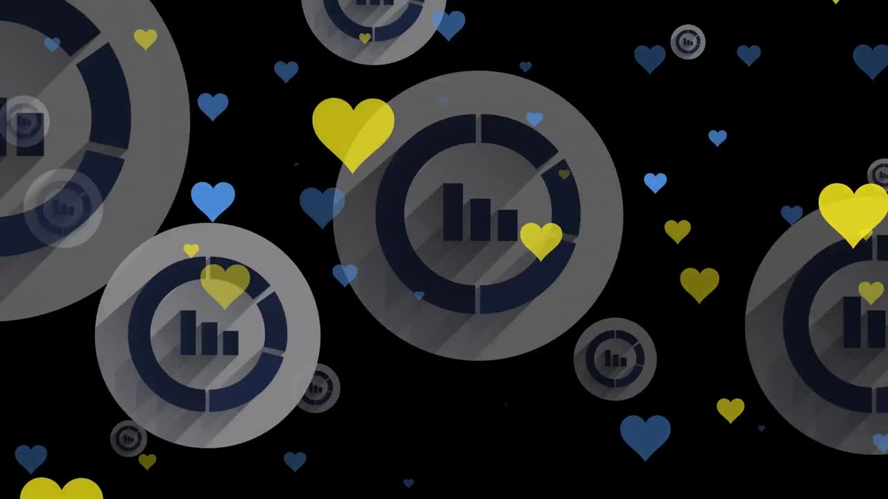 animación del procesamiento de datos y corazones sobre fondo negro
