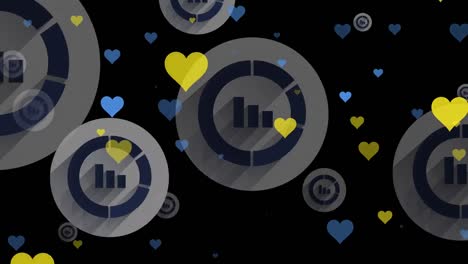 Animation-of-data-processing-and-hearts-over-black-background