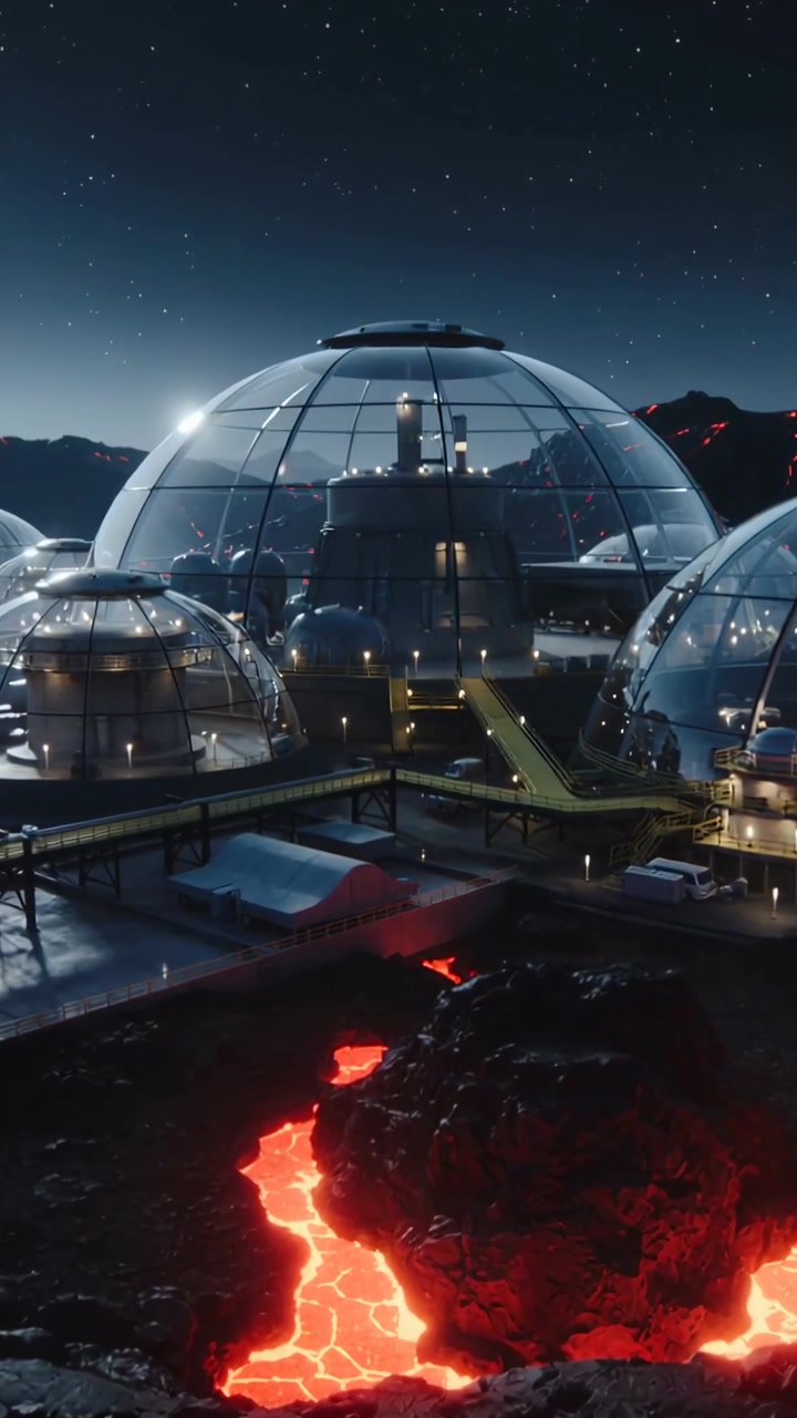 Vertical video: Pulsing lava fissure casting glow across plain, main glass dome reflecting light