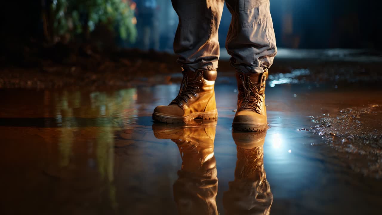 A Close-Up on Rugged Boots in a Puddle at Night, Capturing the Reflection of the Footwear and Vibrant Lighting in an Urban Environment, Illustrating the Mood of Adventure and Exploration