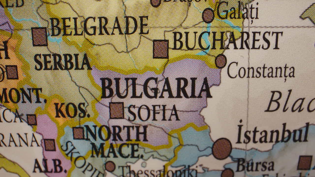 Close-up of a map or globe showing Bulgaria and surrounding Balkan countries