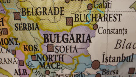 close-up of a map or globe showing bulgaria and surrounding balkan countries