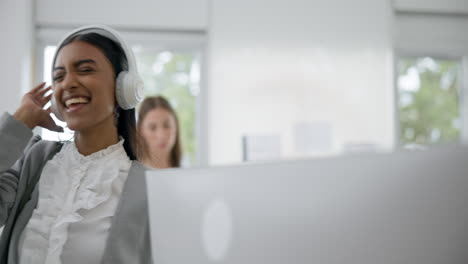 Music,-dance-and-a-business-woman-walking