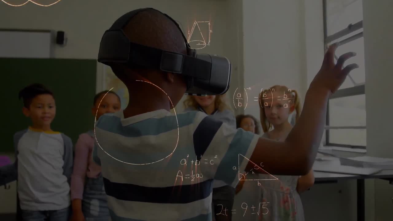 Mathematical equations floating against african american boy wearing vr headset at elementary school