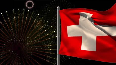 animation of flag of switzerland over fireworks on black background