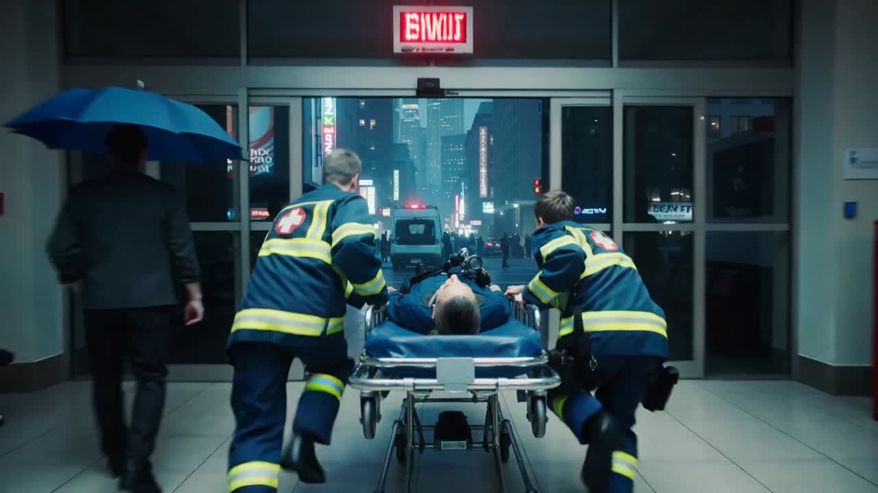 Paramédicos apresurados con chaquetas azul marino empujando una camilla con correas desde el vestíbulo de urgencias para llegar a una ambulancia con luces intermitentes