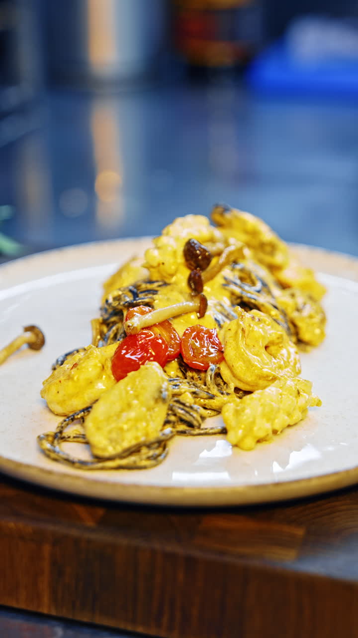 Pasta with sauce and prawns on the plate. Hand in black glove puts some mushrooms and tomatoes on the dish. Close up. Vertical video.