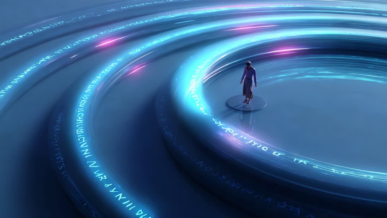 A solitary figure stands in the center of glowing, circular pathways of light, surrounded by swirling symbols and digital patterns, evoking a sense of ethereal wonder and infinite possibilities in a futuristic landscape