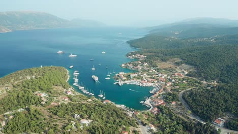 aerial wide view fishing village of fiskardo with beautiful bay, kefalonia island