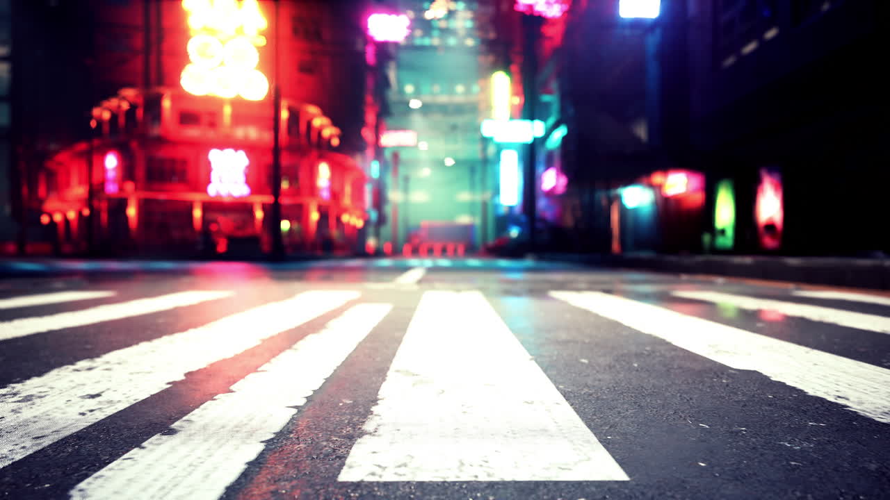 네온 불빛 을 가진 밤 도시 거리