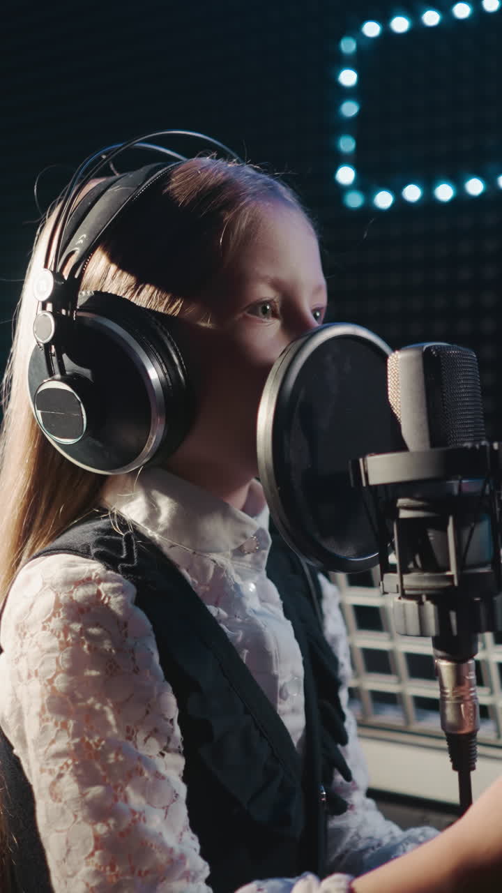 chica durante la lección de voz en el estudio de grabación. joven estudiante con el cabello suelto practica tonos para un buen sonido. audición antes de participar en un espectáculo de talentos