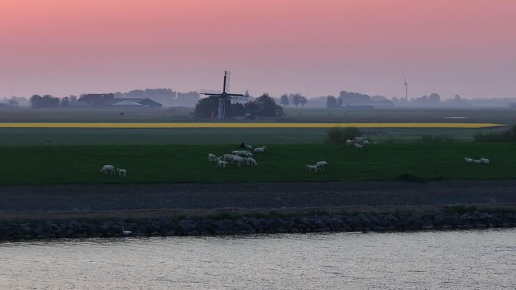Vista aerea di Cornwerd con mulino a vento e turbina eolica all'alba, che mostra un drammatico paesaggio rurale nei Paesi Bassi.