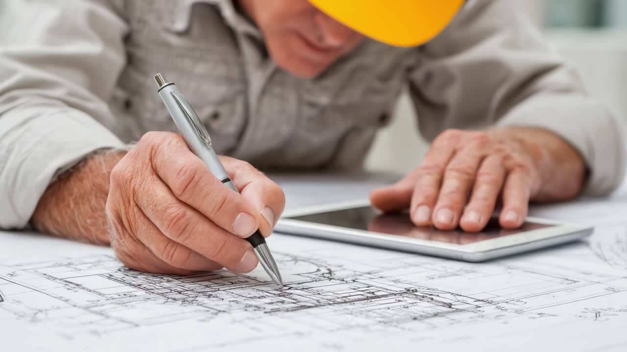 Engineer Analyzing Blueprints and Making Adjustments with Precision Tools at Workstation, Focusing on Structural Design in Construction Planning Process