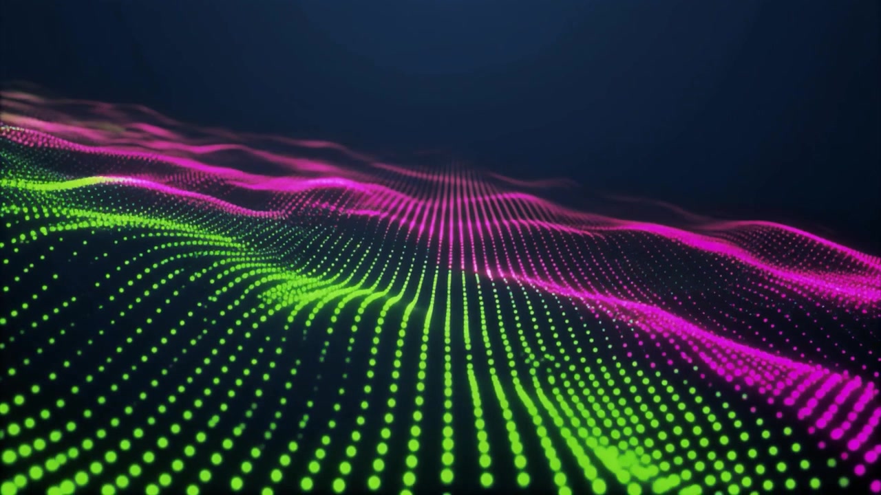 Abstract Digital Wave of Glowing Green and Pink Particles