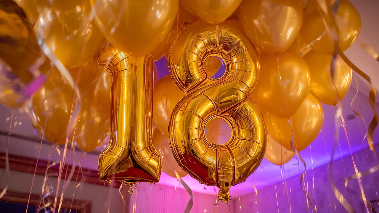Swaying gold balloon cluster forming 18 drifting on slight breeze in banquet room, ribbons swaying