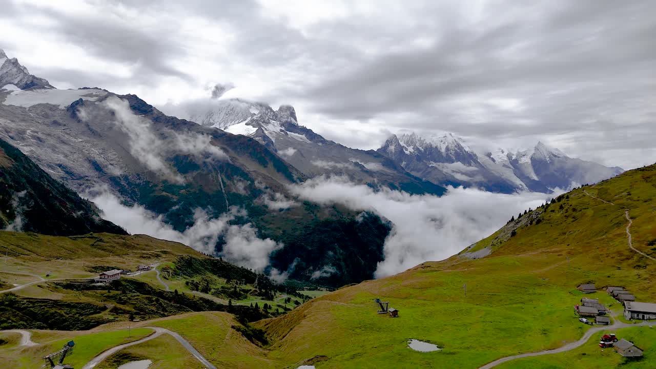 4K high resolution video of the beautiful French Col de Posettes Valley part of the famous TMB- Tour du Mont Blanc Trail during an overcast cloudy and foggy day