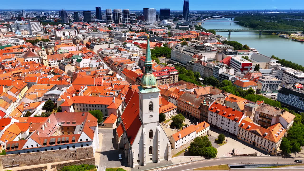 Panoramic view of Bratislava old town with Danube River. Aerial panorama of Bratislava old town along the Danube River with historic buildings