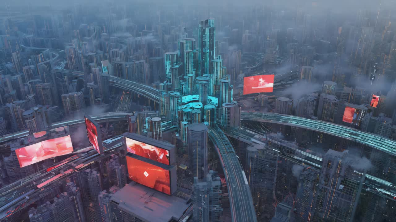 Futuristic Cityscape with Glowing Structures and Digital Displays