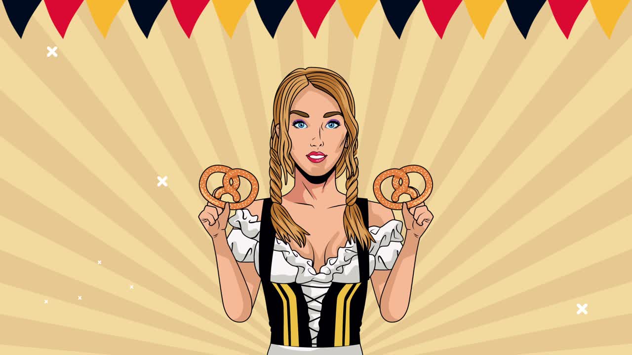 섹시한 소녀가 프레틀을 들어 올리는 해피 오크테르페스트 축제 애니메이션