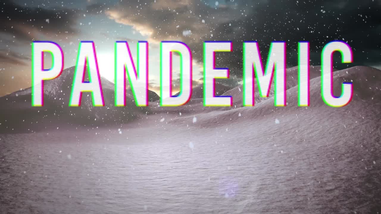 팬데 ⁇  텍스트의 애니메이션으로 겨울 풍경과 배경으로 풍경에 눈이 내리고 있습니다.