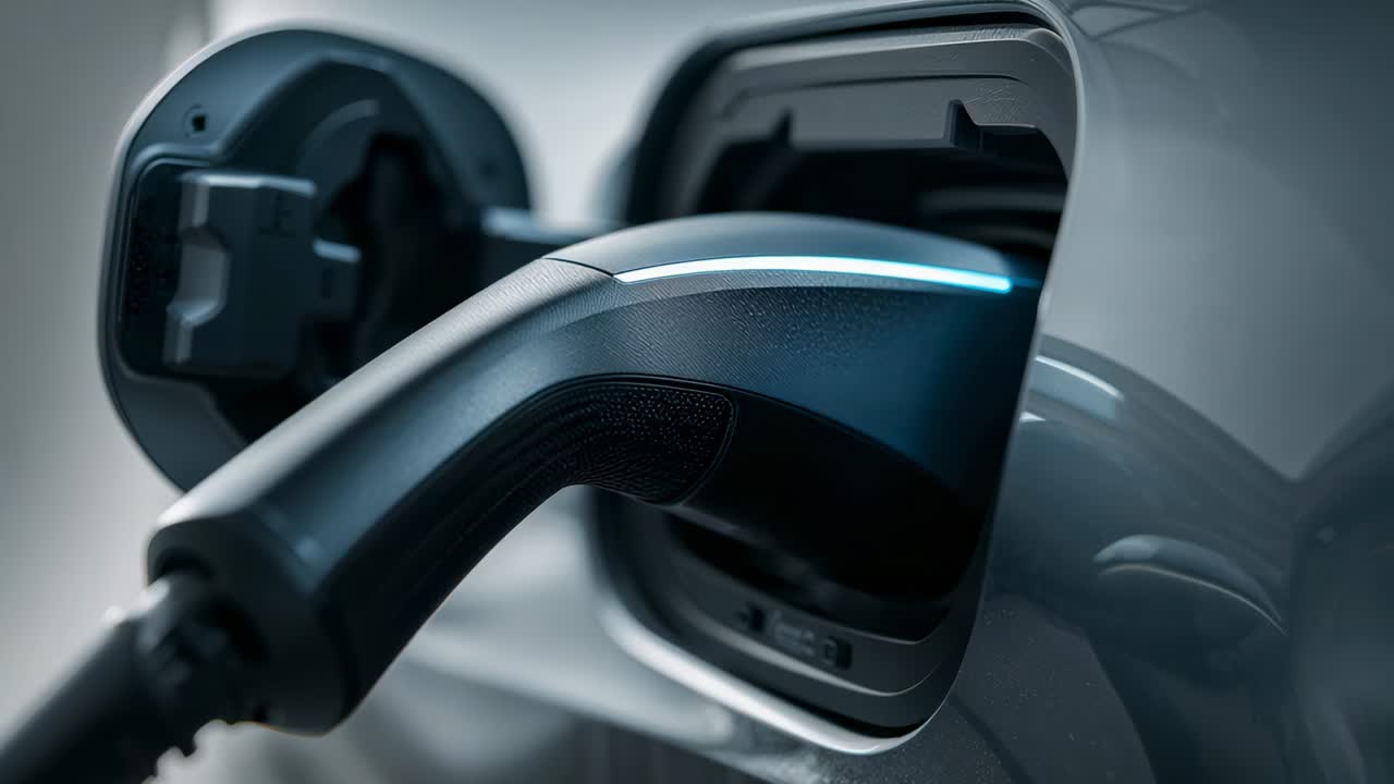 Mostrando o conector de carregamento de carro elétrico após a inserção, permanecendo encaixado na entrada, com LED azul brilhando