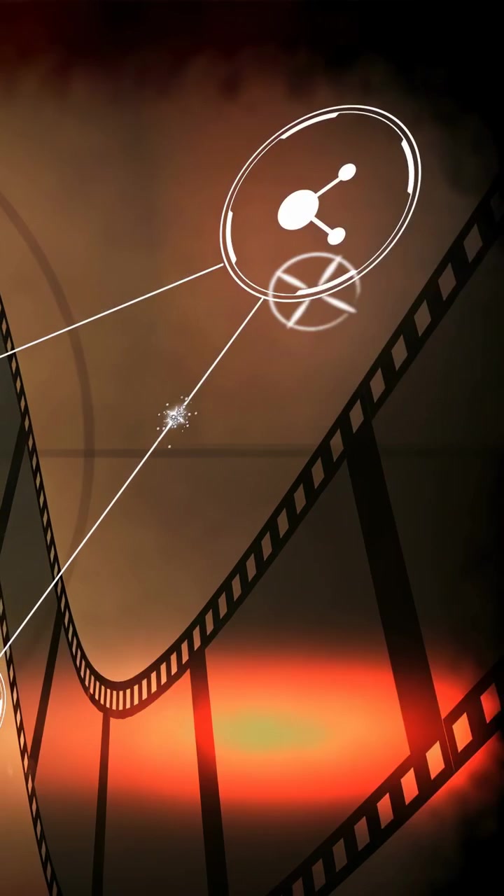 Video vertical: Un brillo naranja que emerge, iconos de compartir desvaneciéndose en líneas de conexión sobre un carrete, mostrando enlaces.