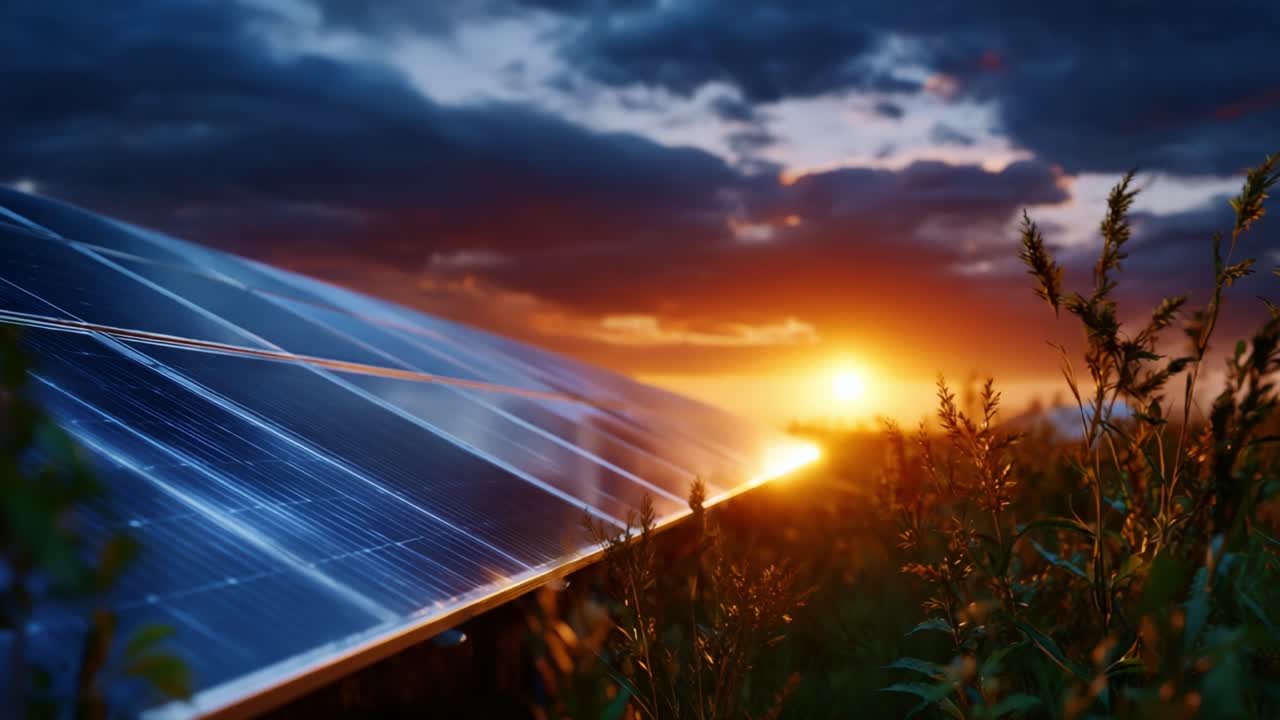 Tramonto sui pannelli solari: una splendida scena serale con energia solare che sfrutta l'ultima luce del giorno tra lo splendore della natura e colori vivaci