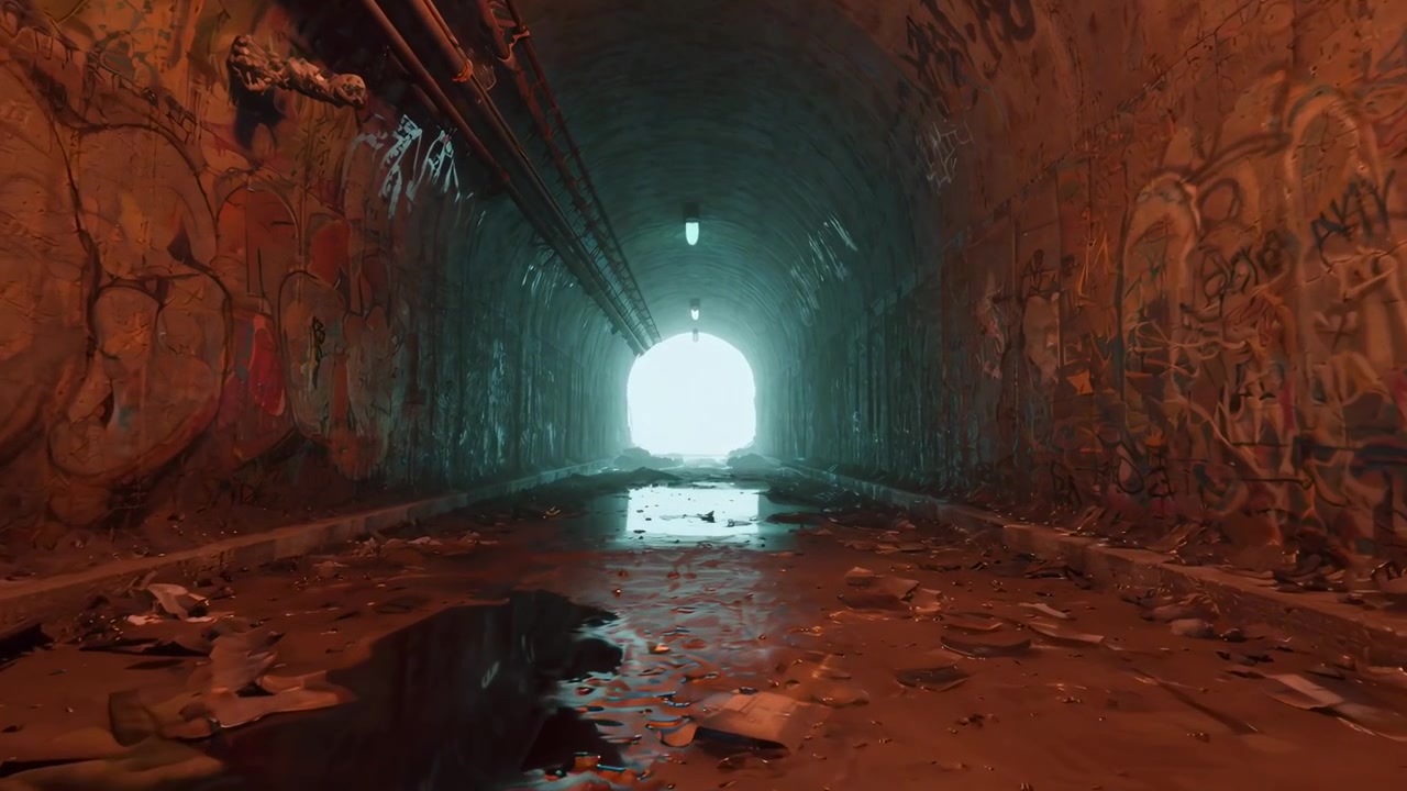 Opuštěný tunel pokrytý graffiti s jasným světlem na konci.