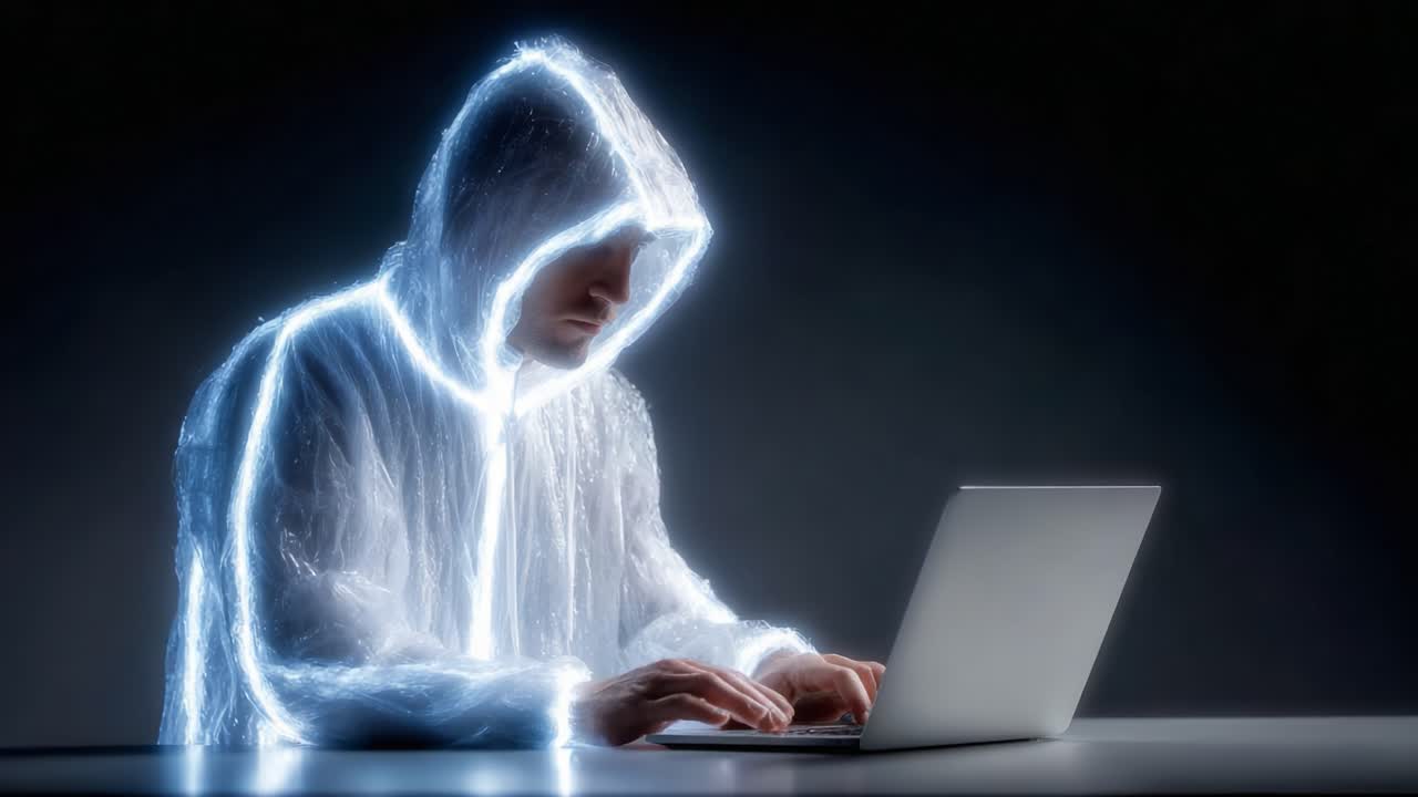 A mysterious figure cloaked in glowing light types on a laptop, representing digital innovation, technology, and the enigmatic world of cybersecurity in a dark backdrop