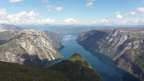 beautiful drone shot of dramatic fjord landscape in norway with steep mountains and blue water