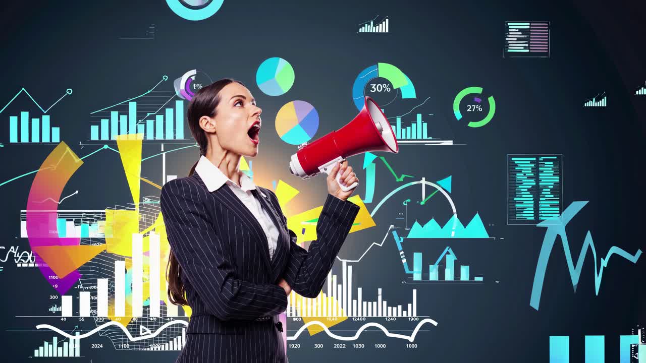 mujer de negocios anunciando los resultados de los datos