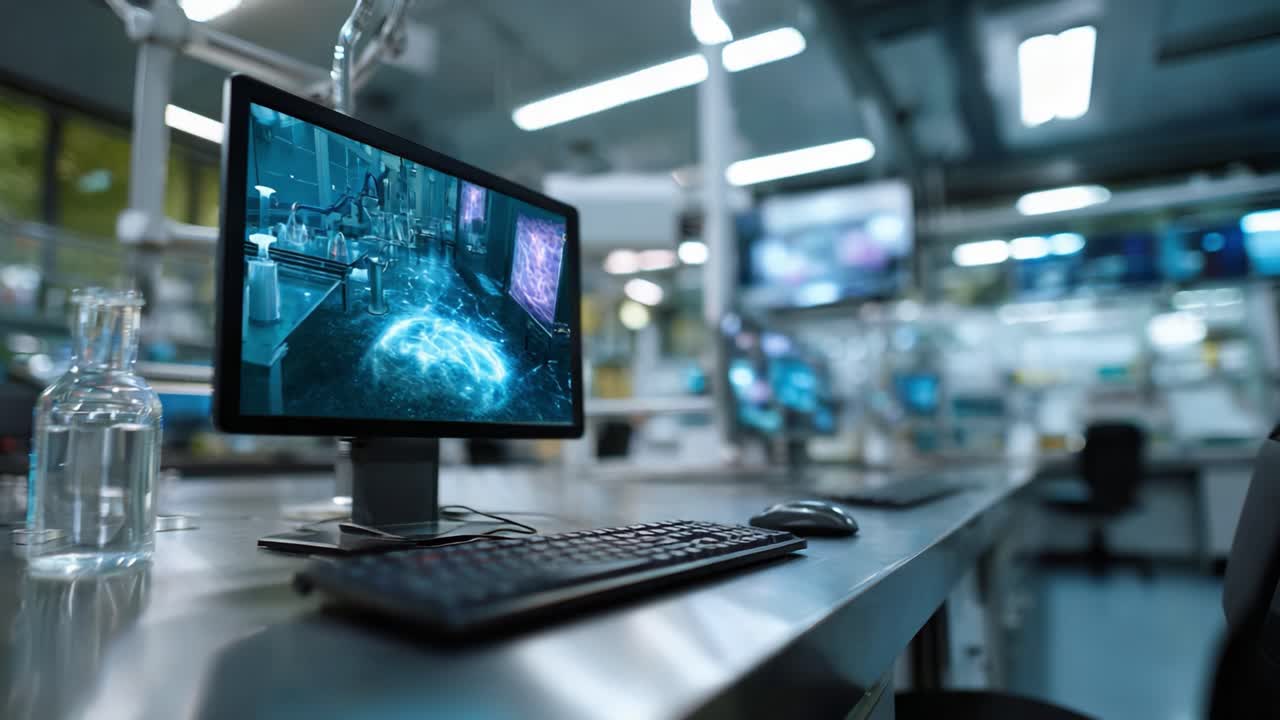 A Modern Laboratory Setup Featuring a High-Tech Computer with Advanced Visuals Displayed on Its Screen in a Well-Equipped Scientific Environment