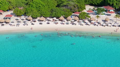 Friends-and-family-relax-playing-in-crystal-clear-Caribbean-water-at-beach,-Grote-Knip-Curacao