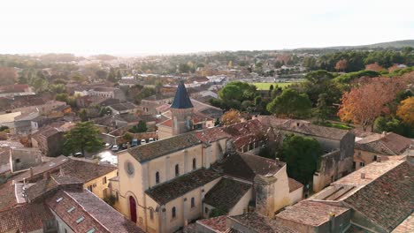 Sunset-over-Parc-du-Chateau-Cambacarès,-St-Drezezy,-Idyllic-aerial-view