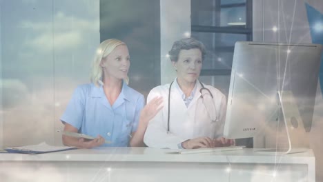 animation of networks of connections and sky over caucasian female doctors using computer