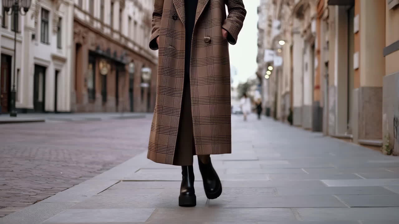 Donna alla moda con cappotto a quadri e stivali con plateau in una strada cittadina