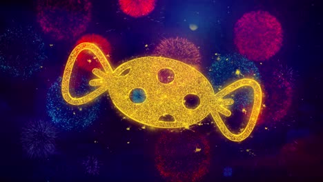 candy icon symbol on colorful fireworks particles object shape design text element 4k loop animation