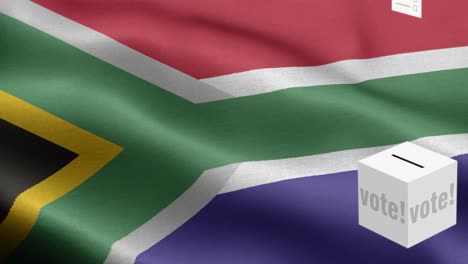 ballots fly to box for south africa selection - ballot box in front of flag - election - vote - flag of south africa - south africa flag high detail - national flag south africa wave pattern loopable elements