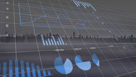 animation of diagrams and data processing over cityscape